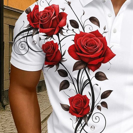 Elegant Red Rose Floral Polo Shirt For Men 3D Print Vine Pattern Short Sleeve Turn Down Collar Casual Business