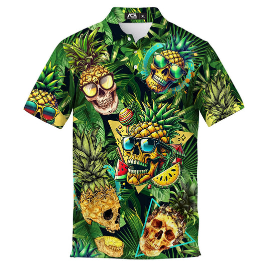 Men's Hawaiian Skull Print Polo Shirt – Short Sleeve, Button Polo Collar, Breathable Casual Summer Wear