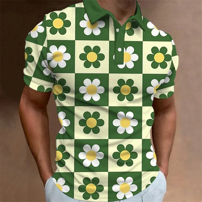 Men's Polo Shirt Summer Casual Short Sleeve Flower Print Buttons Polo Shirts Tops Fashion Pullover Tshirts Male Golf Wear