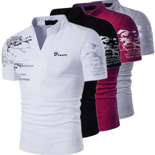 Men's Short Sleeve Polo Shirt with Graphic Print, V-Neck, Lightweight Breathable Fabric, Comfortable Casual Fit, Ideal for Everyday Wear