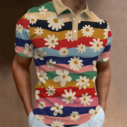 Men's Polo Shirt Summer Casual Short Sleeve Flower Print Buttons Polo Shirts Tops Fashion Pullover Tshirts Male Golf Wear