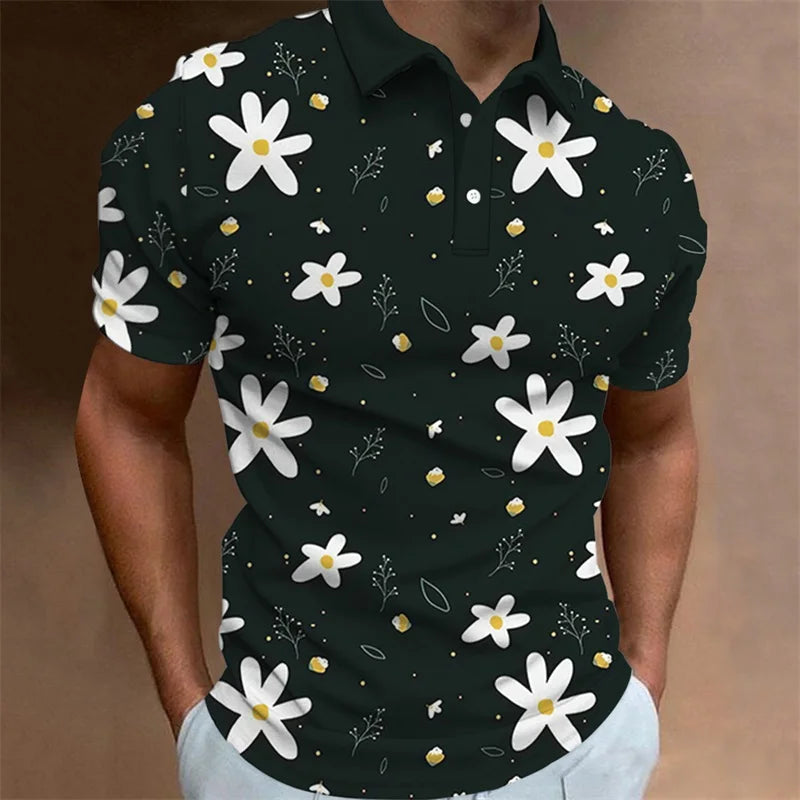 Men's Polo Shirt Summer Casual Short Sleeve Flower Print Buttons Polo Shirts Tops Fashion Pullover Tshirts Male Golf Wear