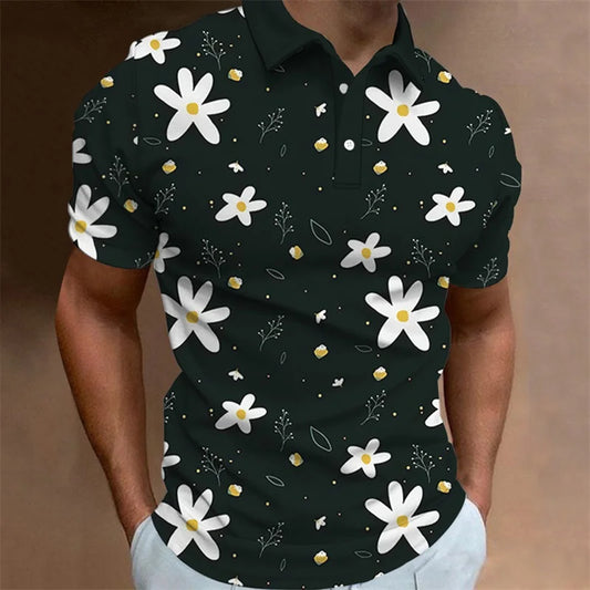 Men's Floral Print Polo Shirt – Short Sleeve, Button Neck, Lightweight Casual Summer Top