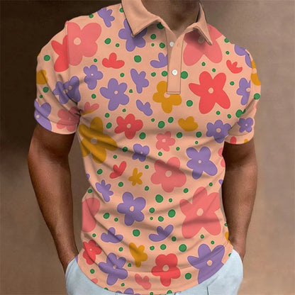 Men's Polo Shirt Summer Casual Short Sleeve Flower Print Buttons Polo Shirts Tops Fashion Pullover Tshirts Male Golf Wear