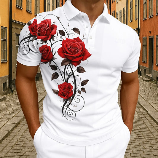 Elegant Red Rose Floral Polo Shirt For Men 3D Print Vine Pattern Short Sleeve Turn Down Collar Casual Business